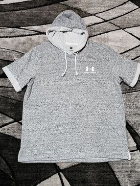UNDER ARMOUR RIVAL TERRY GRAY HEATHERED CUFFED SHORT-SLEEVE HOODIE SHIRT